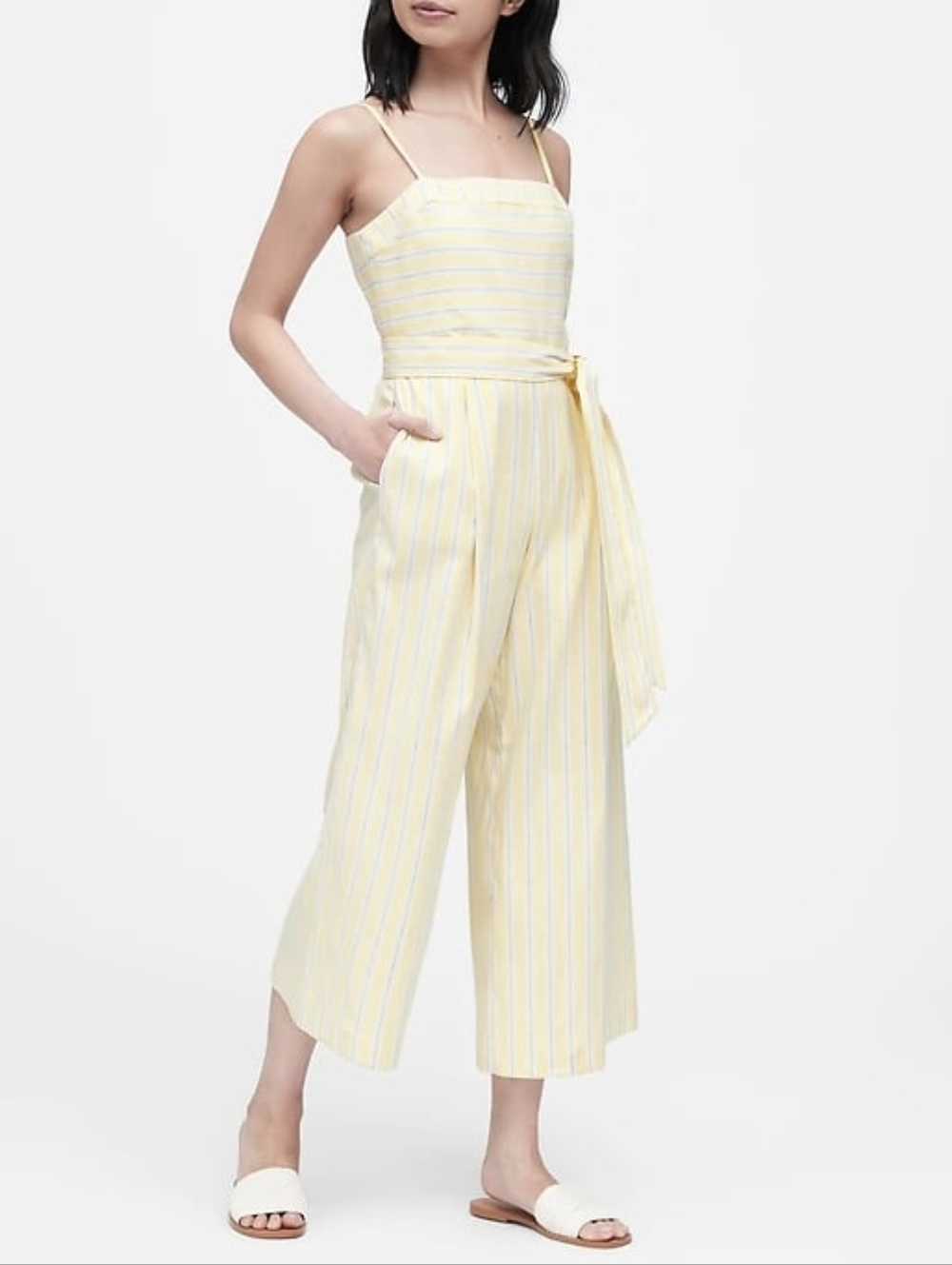 Banana Republic Yellow and White Striped Tie-Waist Cropped Jumpsuit